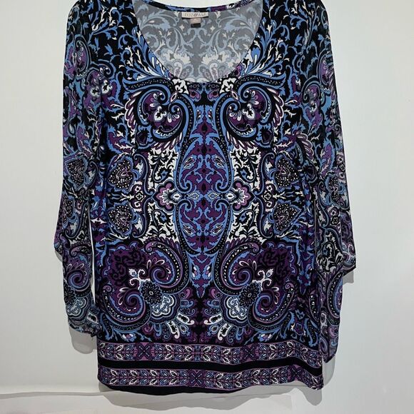 Roz & Ali Women's Multicolor Paisley Scoop Neck Bell Sleeve Blouse Medium - Picture 1 of 11